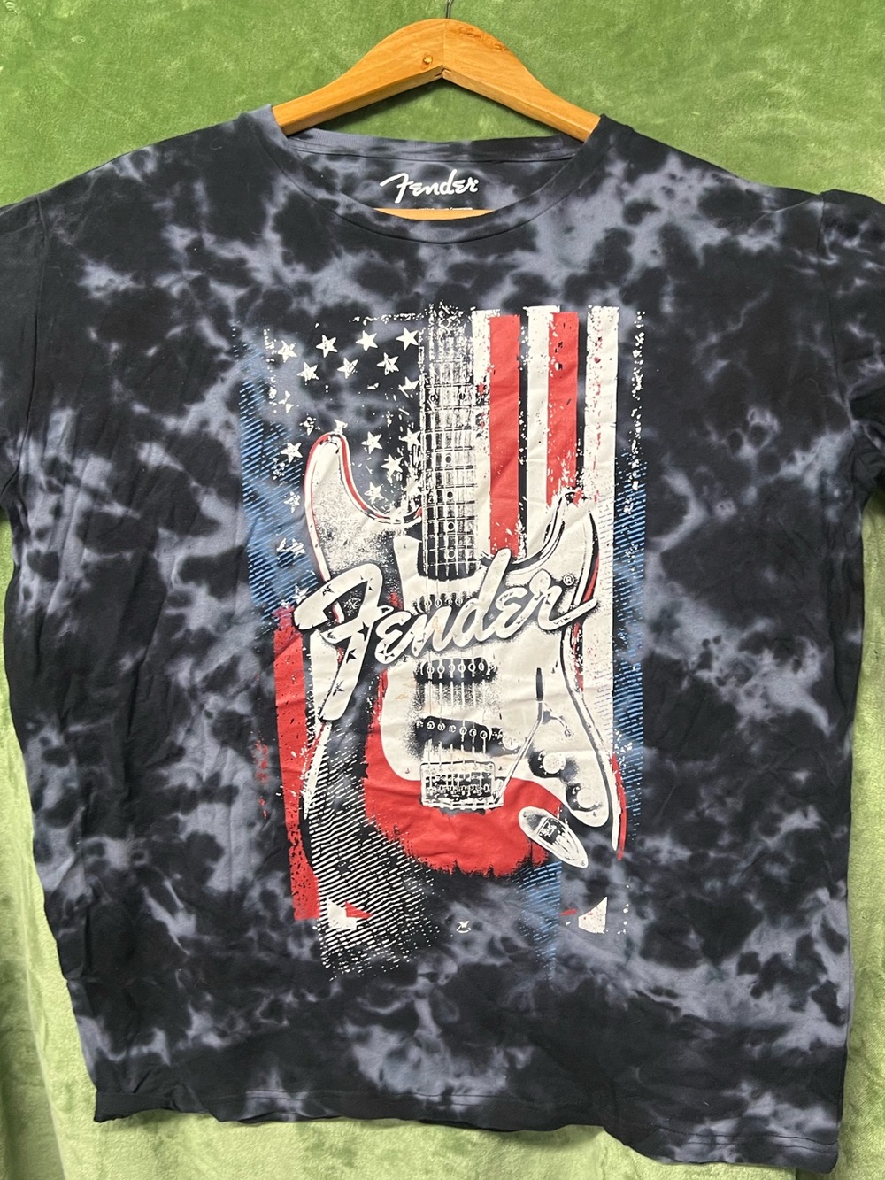 Fender Black Tie-Dye Tee with Red, White & Blue Guitar Graphic